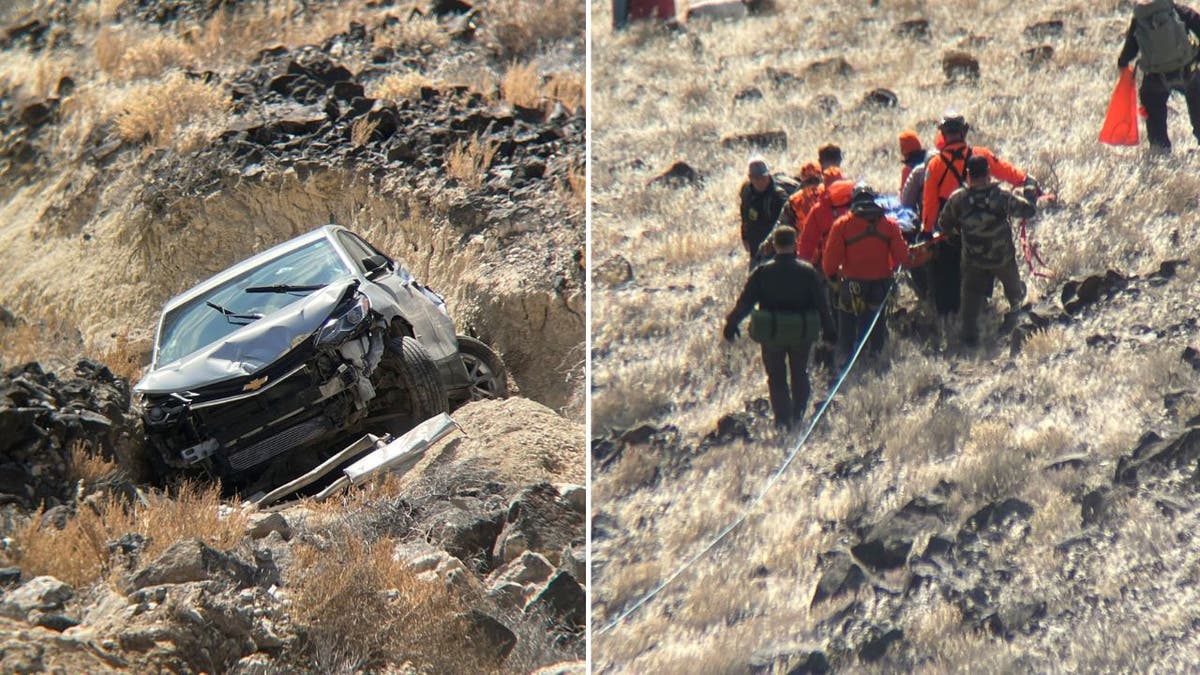 a two way collage showing a car that was found down a canyon, left, and a group of people carrying a an injured woman on a stretcher
